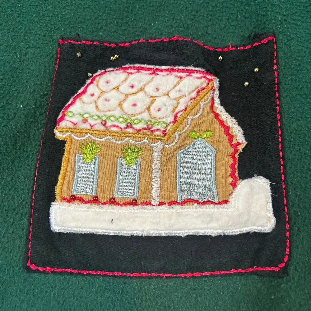 Vintage Bedford Fair Green Fleece Tunic Sweater with Gingerbread Appliqués